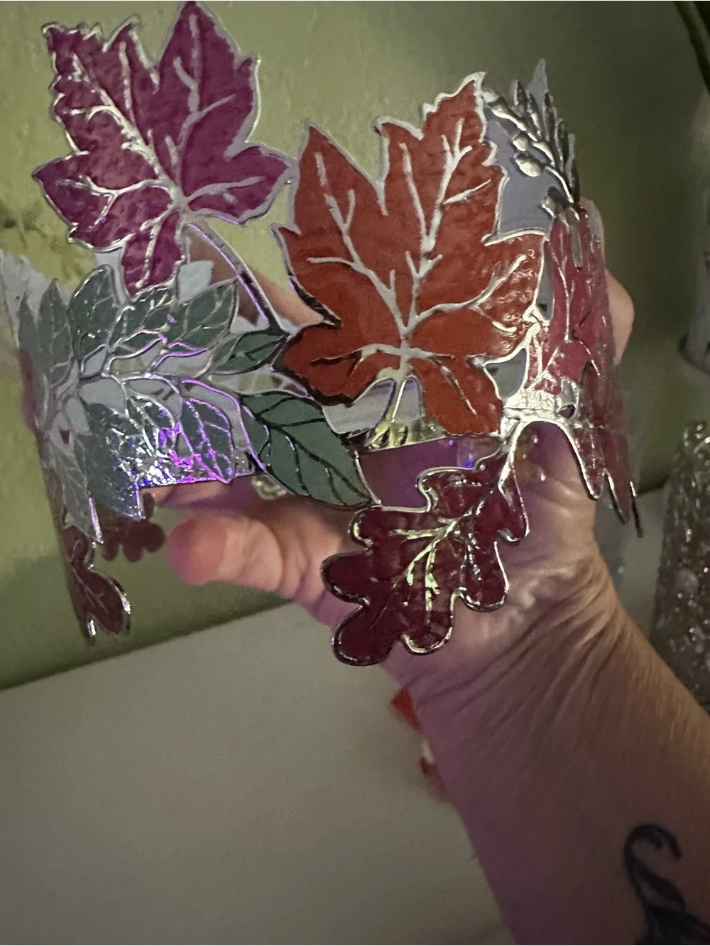 Decorative Fall Leaf  Candle Sleeve - Green, Red, Orange for 3 Wick